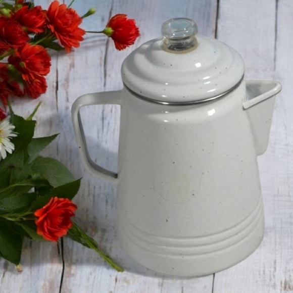 Enamelware Decorative White Coffee Percolator - Picture 2 of 12